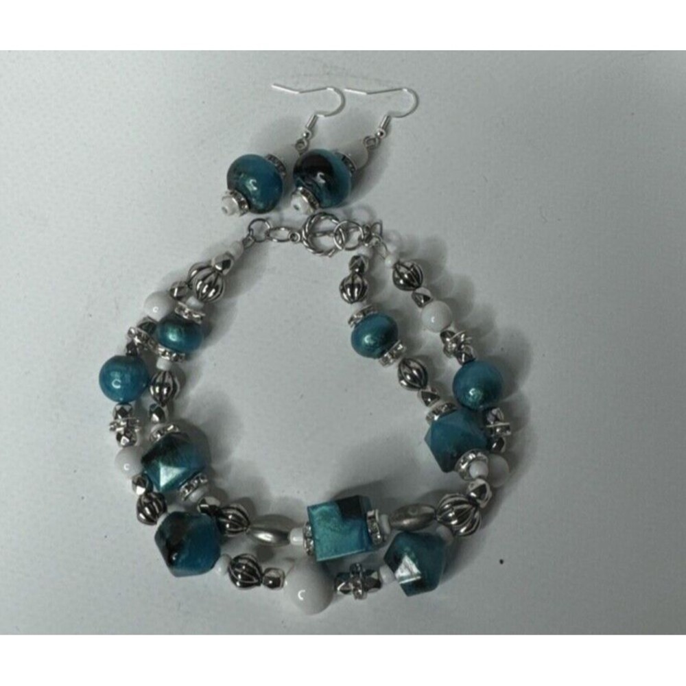 Bracelet Two Strand and Earrings Set Resin Faux Turquoise With Silver Tones